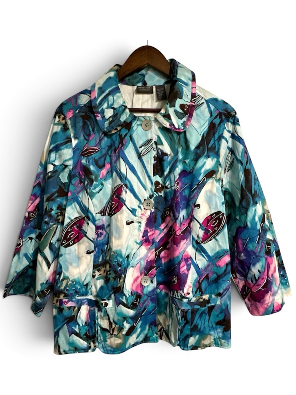 Additions by Chico’s Abstract Watercolor Print Button Front Jacket, Size 3